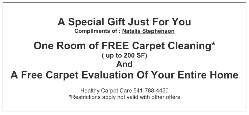 Healthy Carpet Care promotion flyer offering one free room of carpet cleaning and a free carpet evaluation for your home in Bend.