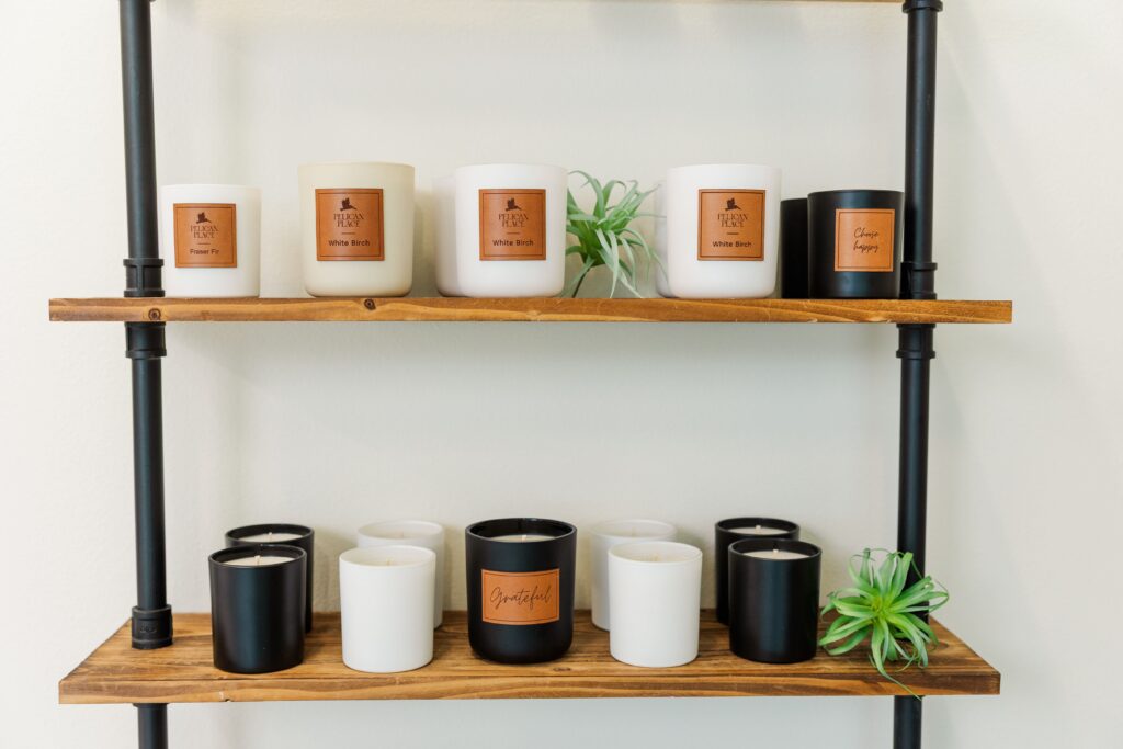 Pelican Place & Company candle featuring a personalized leather label.