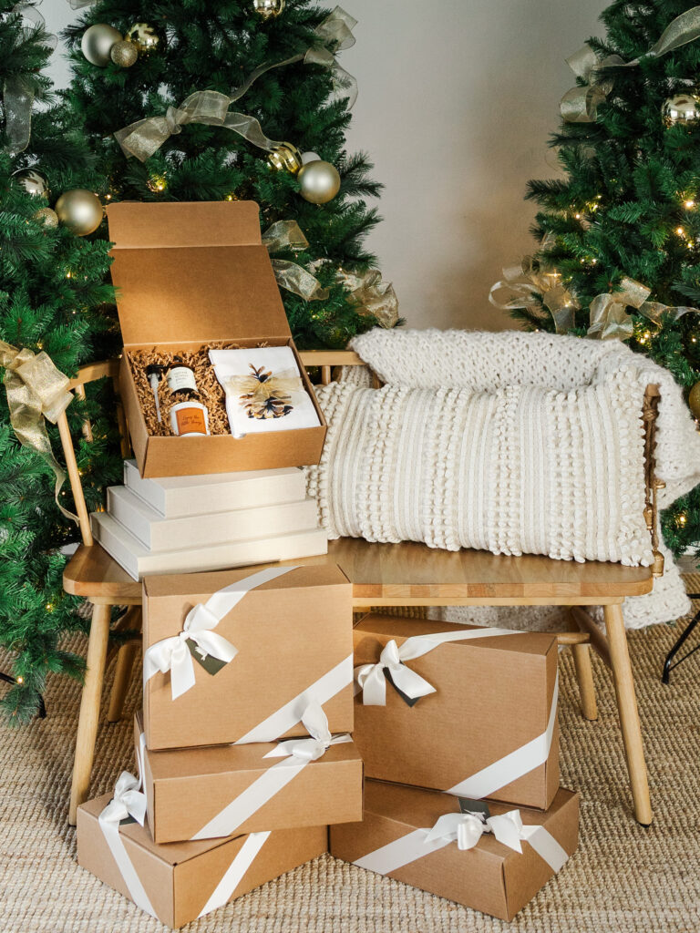 Beautifully arranged holiday kids gift box filled with curated goodies.