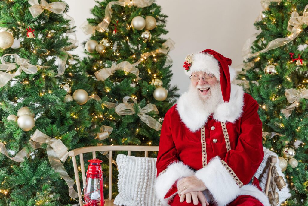 Santa sitting beside a decorated Christmas tree during a holiday portrait session.