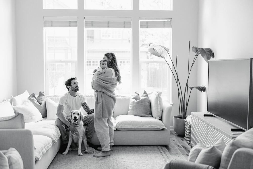 Family in a peaceful, uncluttered living room.