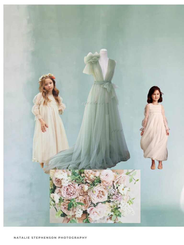 Moodboard for custom staircase portrait session, sage and blush wardrobe and floral inspiration
