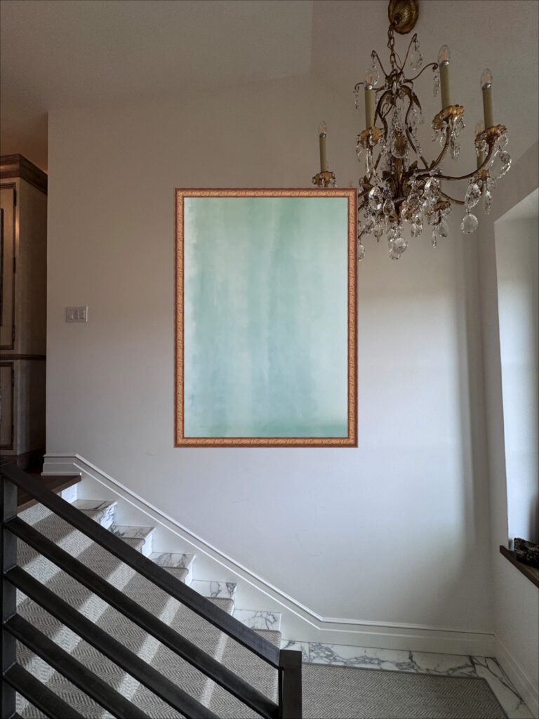 Mockup of custom 40x60 canvas on staircase wall before installation